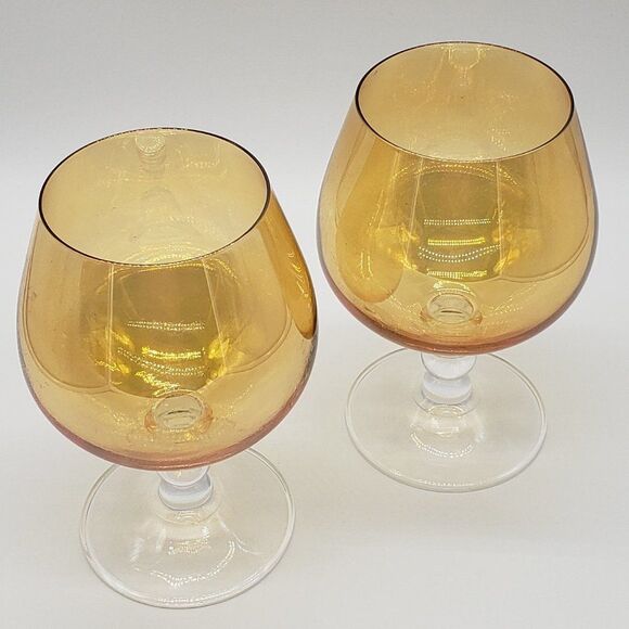 Set of 2 Iridescent Amber Glass 6" Brandy Snifters - Picture 8 of 10